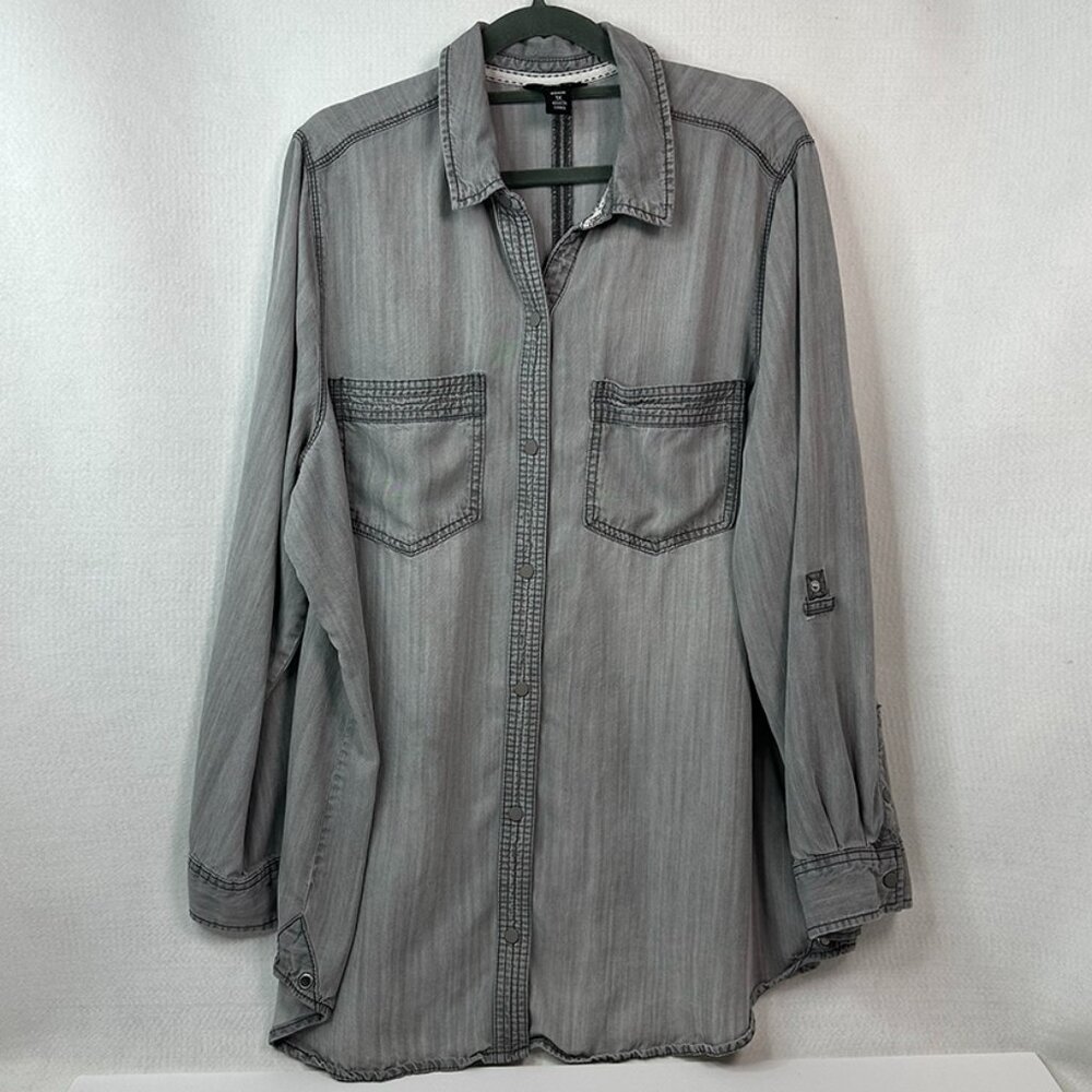 Snaps Collared Gray Comfy Blouse Decorative stitching Intro size 1X - Picture 4 of 11